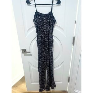 Ditsy Floral Print Shirred Tie Shoulder Flare Leg Cami Jumpsuit